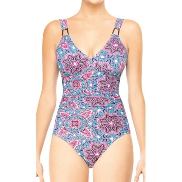 Spanx Love Your Assets In Bloom Blue&Pink Paisley One Piece Swimsuit Sz.L - Picture 2 of 12